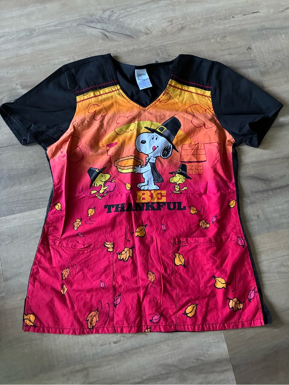 Be Thankful Snoopy Thanksgiving Graphic Scrub Top - Black & Red